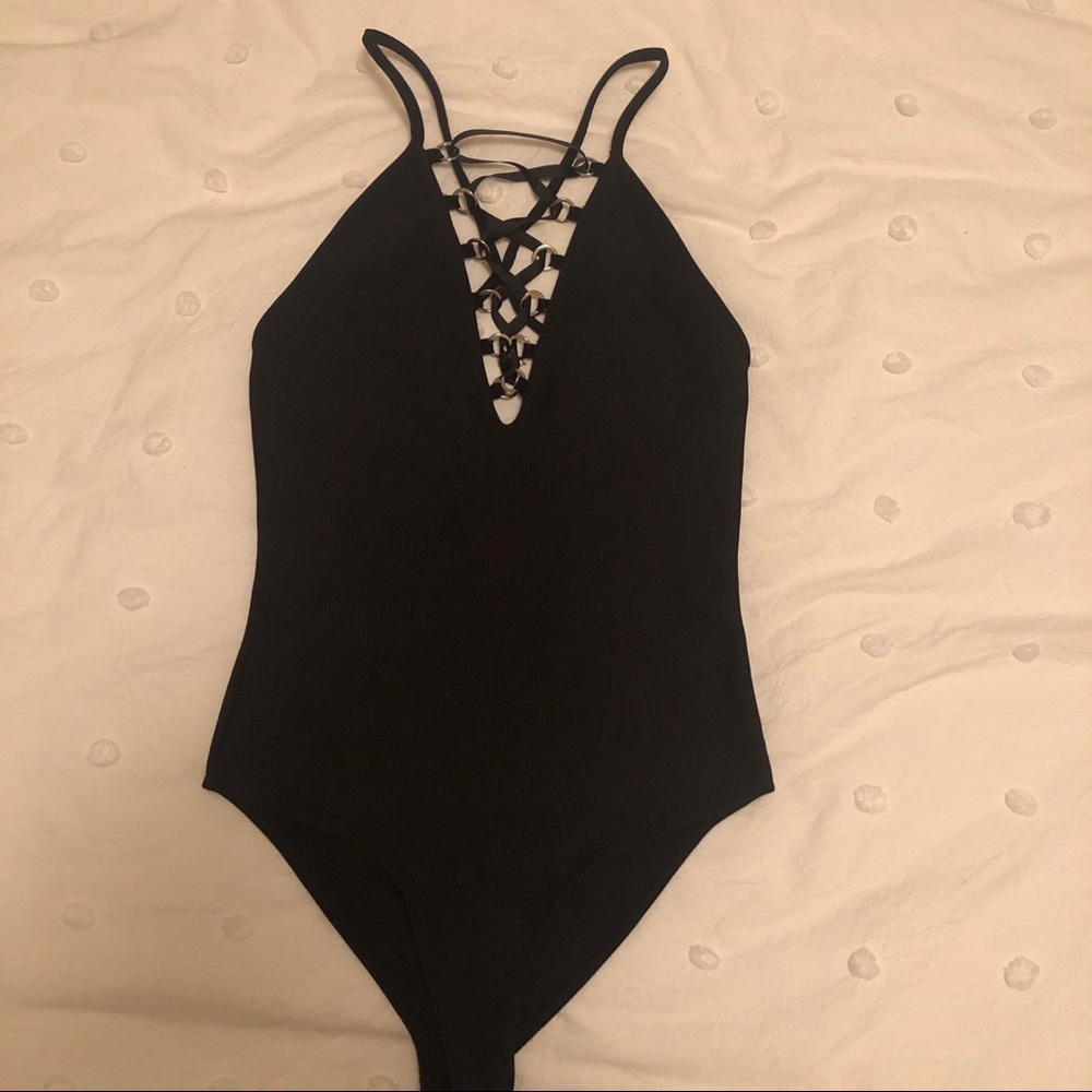 Black deep V neckline bodysuit